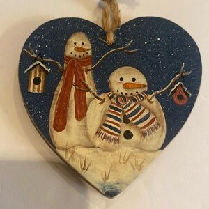 Hand painted Heart Shaped With Snowmen and bird house Christmas ornament wood